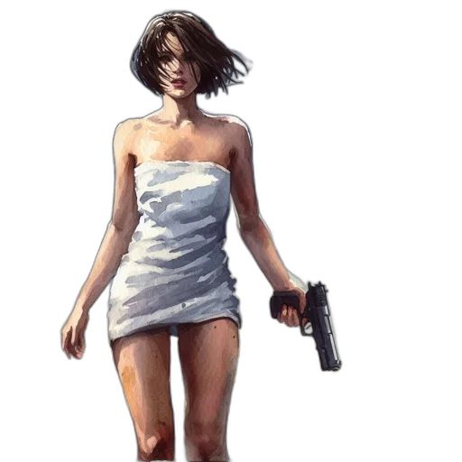 dress, weapon, concept art, comic book art, pixel art, fantasy art, stormy, cityscape transparent PNG cut-out