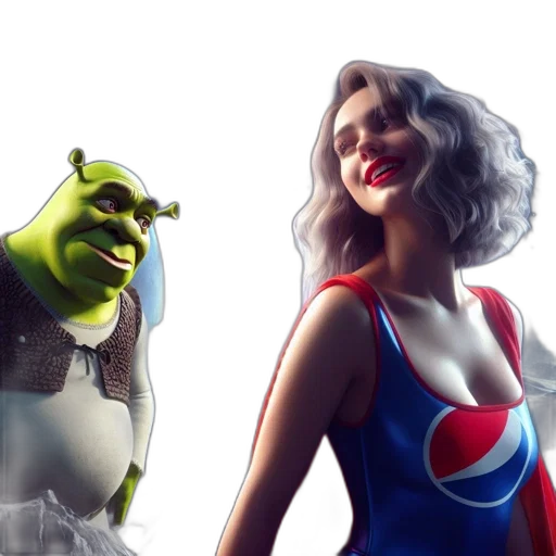 concept art, comic book art, 3d render, outer space, shrek, stands, beside, smiling transparent PNG cut-out