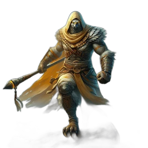 mask, sword, staff, creature, concept art, fantasy art, 3d render, comic book art transparent PNG cut-out