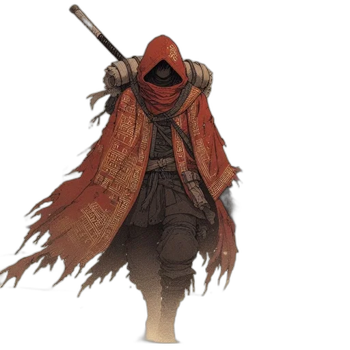 mask, jacket, staff, weapon, concept art, fantasy art, comic book art, red transparent PNG cut-out
