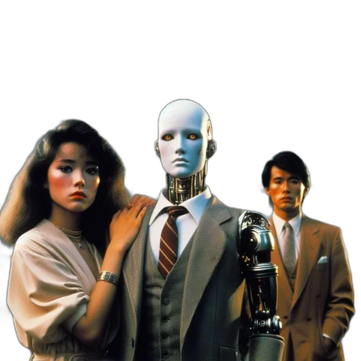 robot, mask, vaporwave, cyberpunk, nighttime, cityscape, trio, stands transparent PNG cut-out