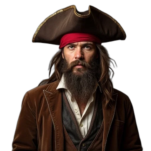 jacket, hat, photorealistic, mens, pirate, costume, beard, brown transparent PNG cut-out