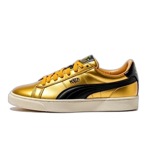 shoes, golden, pair, gold, sneakers, black, stripe, side transparent PNG cut-out