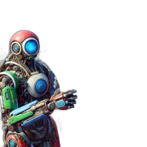robot, weapon, concept art, cyberpunk, 3d render, pixel art, line, diverse transparent PNG cut-out