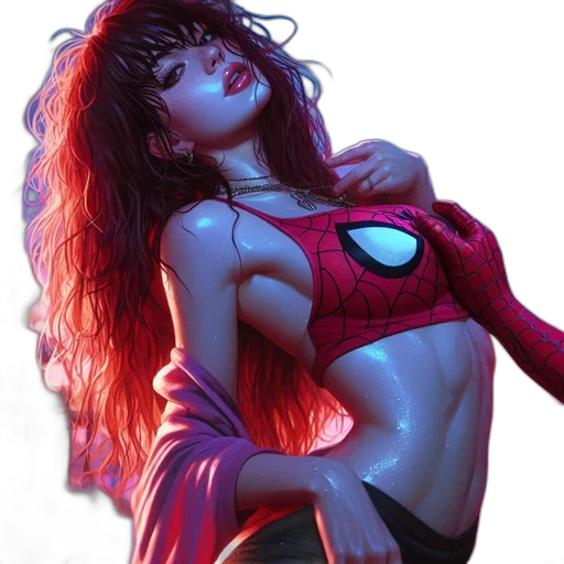 comic book art, concept art, fantasy art, cyberpunk, neon lights, red, female, character transparent PNG cut-out