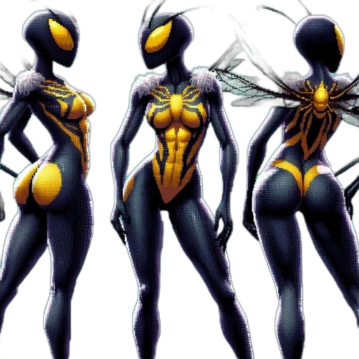 concept art, comic book art, fantasy art, 3d render, golden, trio, wasp-like, humanoid transparent PNG cut-out