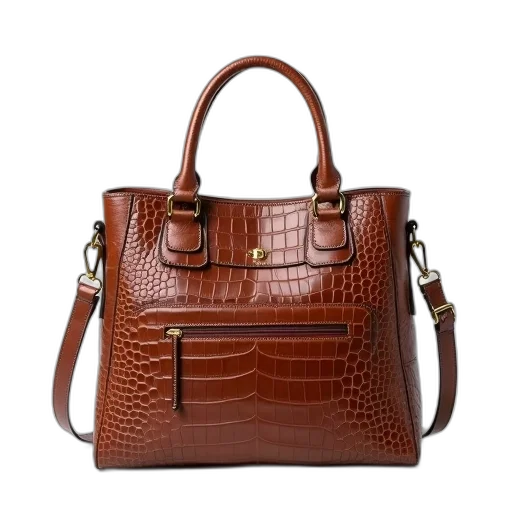 brown, leather, handbag, crocodile, texture, gold-tone, buckle, displayed transparent PNG cut-out