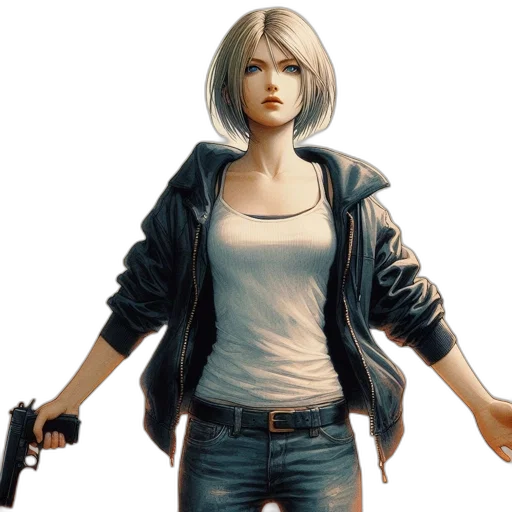 jacket, weapon, concept art, comic book art, 3d render, photorealistic, determined, woman transparent PNG cut-out