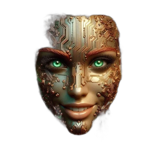 mask, face, robot, jewelry, fantasy art, concept art, cyberpunk, 3d render transparent PNG cut-out