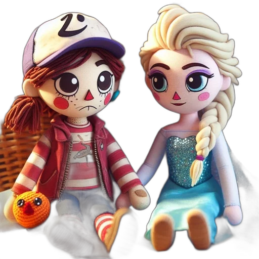 3d render, concept art, cartoon, fantasy art, two, handmade, dolls, sit transparent PNG cut-out