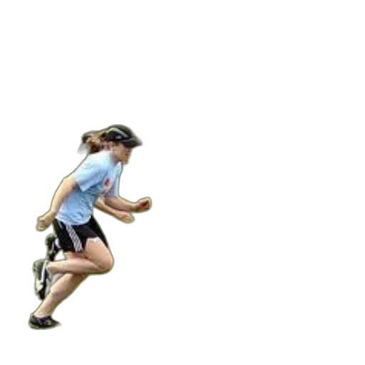 photorealistic, person, blue, shirt, black, shorts, running, grass transparent PNG cut-out