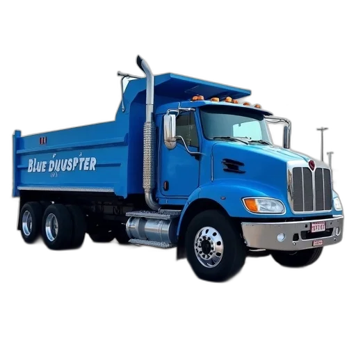 photorealistic, blue, dump, truck, words, dumpster, written, side transparent PNG cut-out