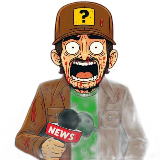 cartoon, concept art, comic book art, pixel art, journalist, shock, sporting, bloodied transparent PNG cut-out