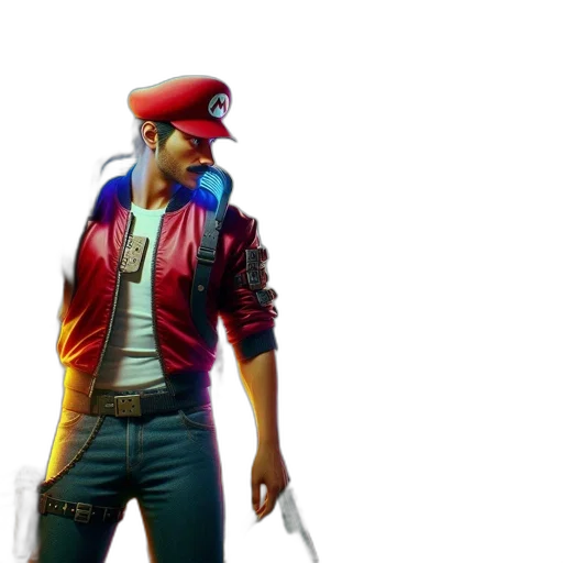 jacket, weapon, hat, concept art, 3d render, cyberpunk, pixel art, neon transparent PNG cut-out