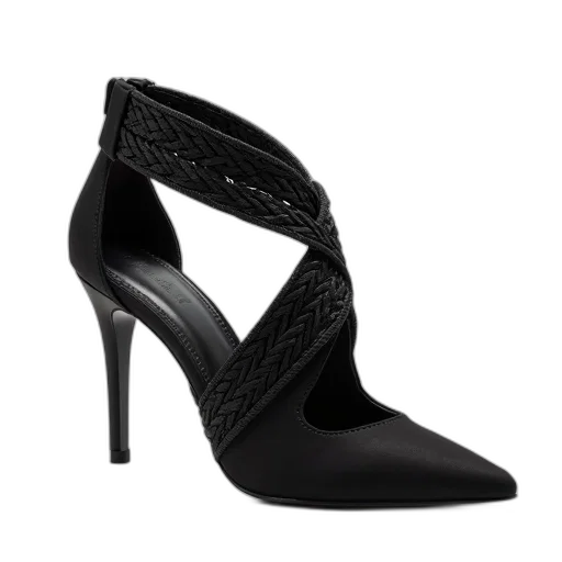 shoes, black, high-heeled, sandal, woven, design, straps, pointed transparent PNG cut-out