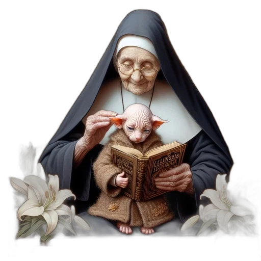 elderly, nun, holds, small, hairless, creature, reads, book transparent PNG cut-out
