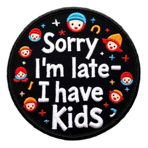 circular, embroidered, patch, black, background, white, text, reads transparent PNG cut-out