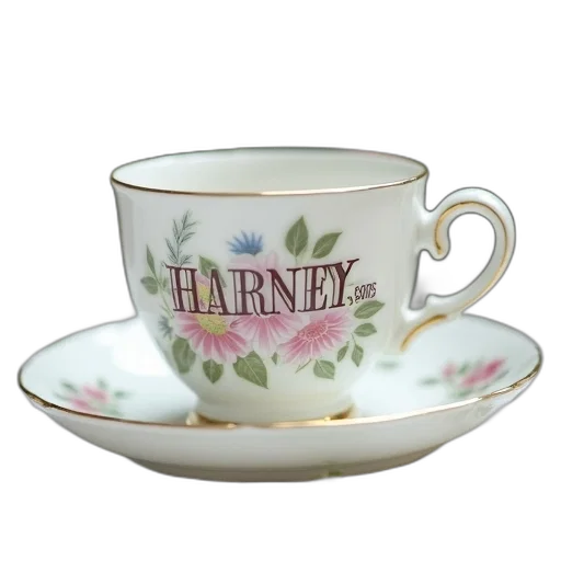 white, porcelain, teacup, floral, pattern, words, harney, sons transparent PNG cut-out
