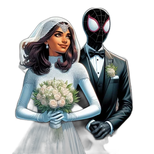 mask, comic book art, concept art, watercolor, cartoon, bride, groom, city transparent PNG cut-out