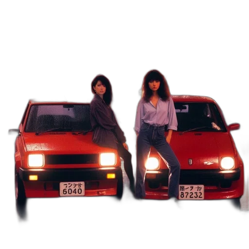 car, vaporwave, photorealistic, night, two, women, stand, near transparent PNG cut-out