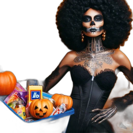 woman, wearing, halloween-themed, costume, complete, skull, mask, gold transparent PNG cut-out