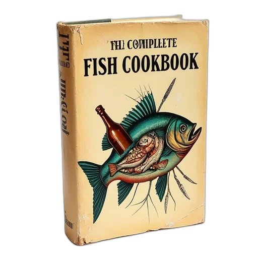 food, vintage, cookbook, titled, complete, fish, colorful, illustration transparent PNG cut-out