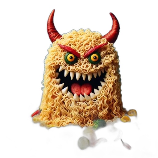 food, mask, creature, 3d render, concept art, photorealistic, fiery-eyed, noodle-monster transparent PNG cut-out