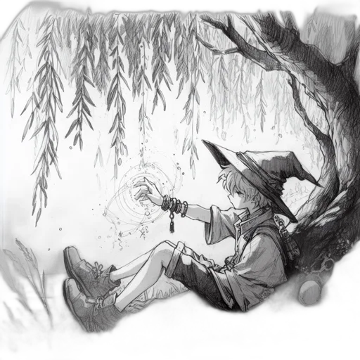 sword, staff, hat, concept art, fantasy art, pencil sketch, comic book art, forest transparent PNG cut-out