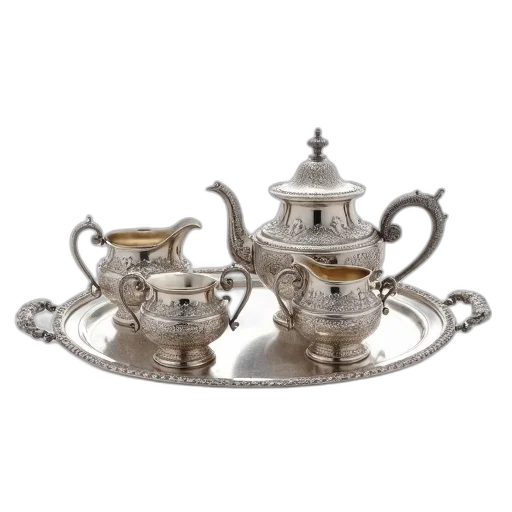 jewelry, crown, 3d render, photorealistic, silver, tea, set, intricate transparent PNG cut-out