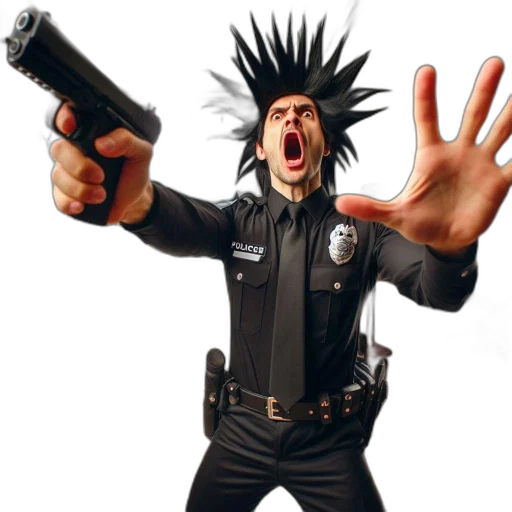weapon, staff, hair, jacket, concept art, police, officer, spiky transparent PNG cut-out