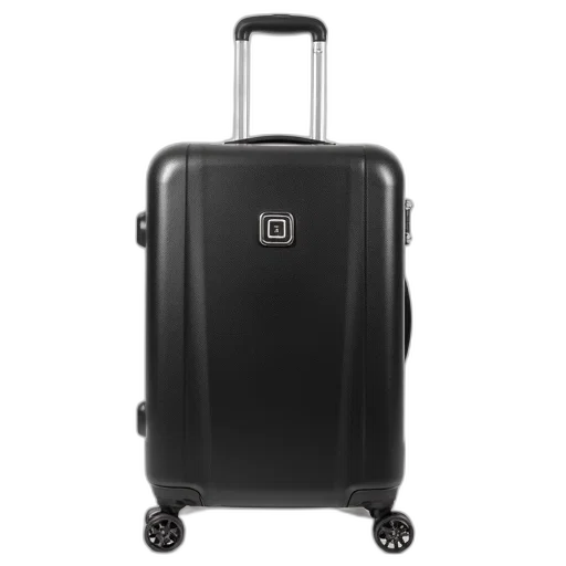 black, wheeled, suitcase, textured, surface, silver, handle, displayed transparent PNG cut-out
