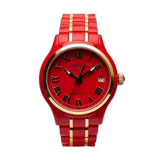 jewelry, red, gold, wristwatch, face, black, roman, numerals transparent PNG cut-out