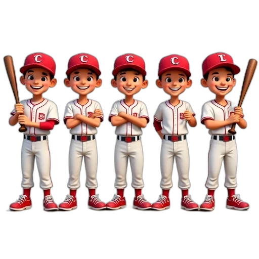 cartoon, 3d render, concept art, group, five, baseball, players, lined transparent PNG cut-out