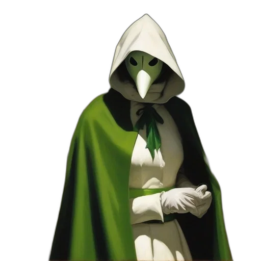 mask, jacket, staff, concept art, comic book art, fantasy art, 3d render, green transparent PNG cut-out