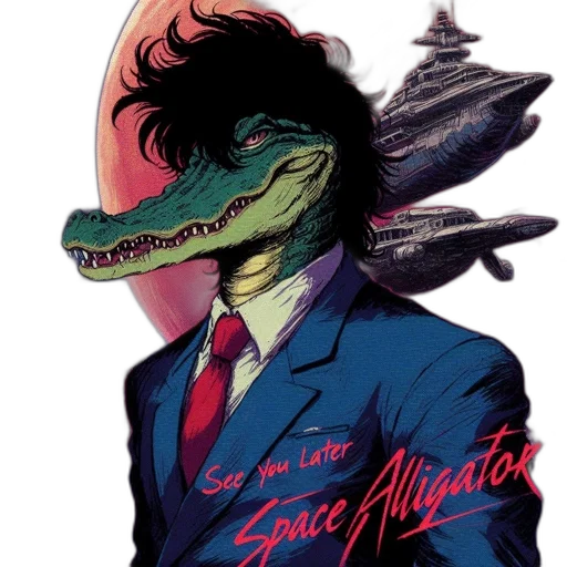 vaporwave, comic book art, concept art, anime, stylish, suited, alligator, crocodile transparent PNG cut-out