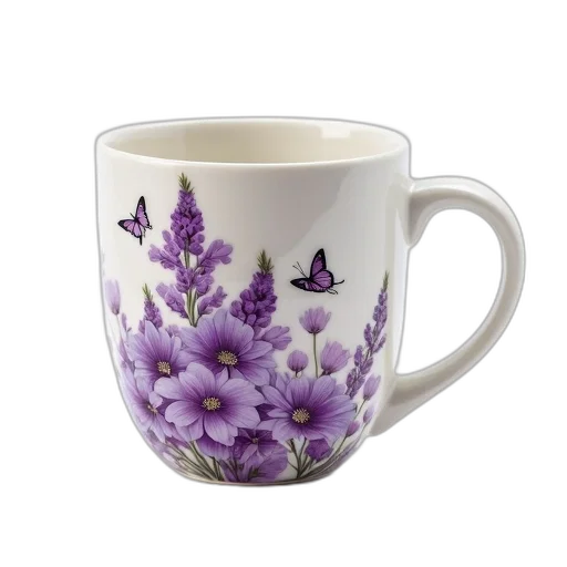 flower, photorealistic, white, ceramic, mug, floral, design, featuring transparent PNG cut-out