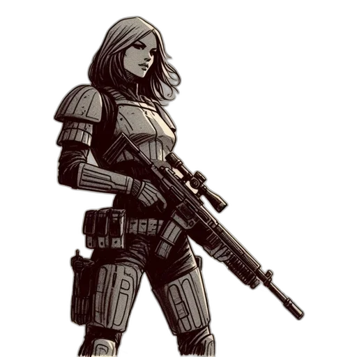 weapon, robot, concept art, comic book art, pixel art, cyberpunk, monochrome, female transparent PNG cut-out