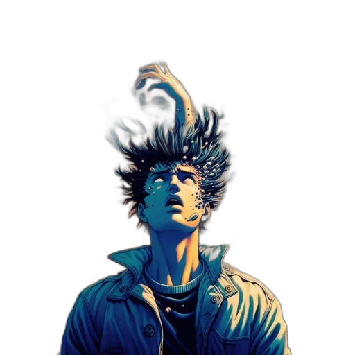 jacket, hair, mask, face, comic book art, concept art, cyberpunk, vaporwave transparent PNG cut-out