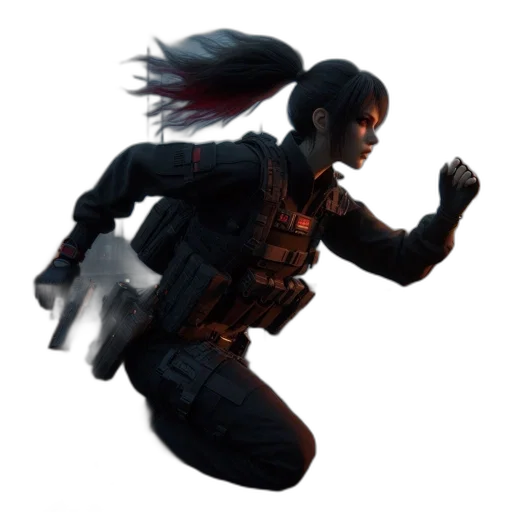 weapon, concept art, comic book art, cyberpunk, pixel art, dark, lone, female transparent PNG cut-out