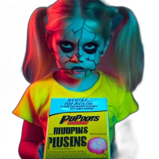 mask, neon, youthful, figure, wears, striking, makeup, resembles transparent PNG cut-out