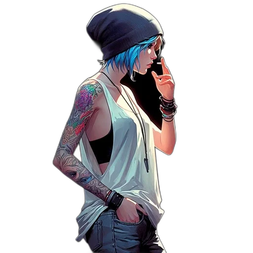 hat, jacket, cyberpunk, concept art, comic book art, cartoon, neon lights, blue transparent PNG cut-out