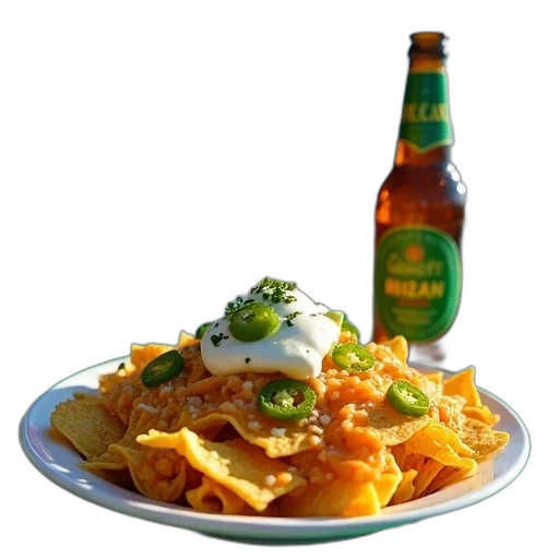 food, bottle, 3d render, photorealistic, plate, nachos, cheese, jalapenos transparent PNG cut-out
