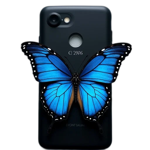 3d render, photorealistic, blue, butterflies, black, rubberized, hard, case transparent PNG cut-out