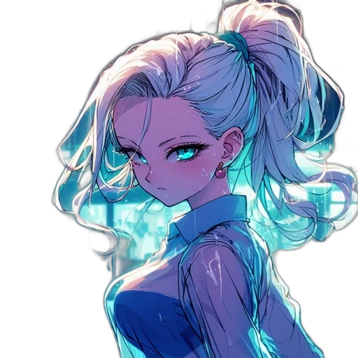 hair, face, staff, dress, anime, cyberpunk, comic book art, vaporwave transparent PNG cut-out