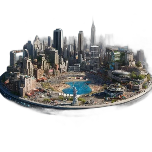 3d render, concept art, photorealistic, pixel art, fantastical, city, floats, above transparent PNG cut-out