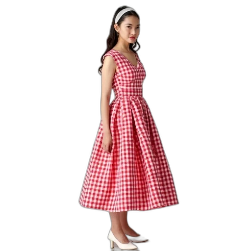 dress, 3d render, photorealistic, red, woman, wearing, white, checkered transparent PNG cut-out