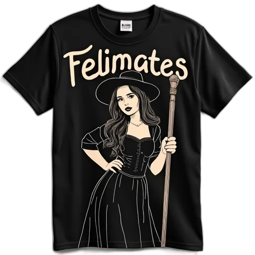 black, t-shirt, stylized, illustration, woman, hat, cane, word transparent PNG cut-out