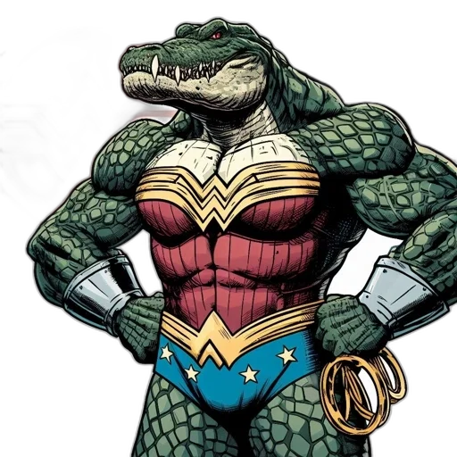 comic book art, concept art, anthropomorphic, crocodile, adorned, wonder, woman, colors transparent PNG cut-out