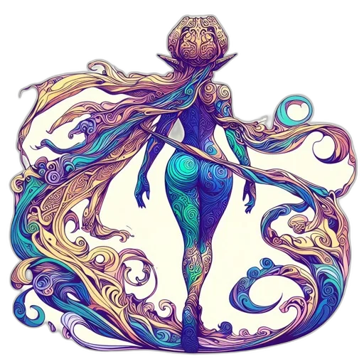 dress, creature, staff, hair, fantasy art, concept art, watercolor, pixel art transparent PNG cut-out