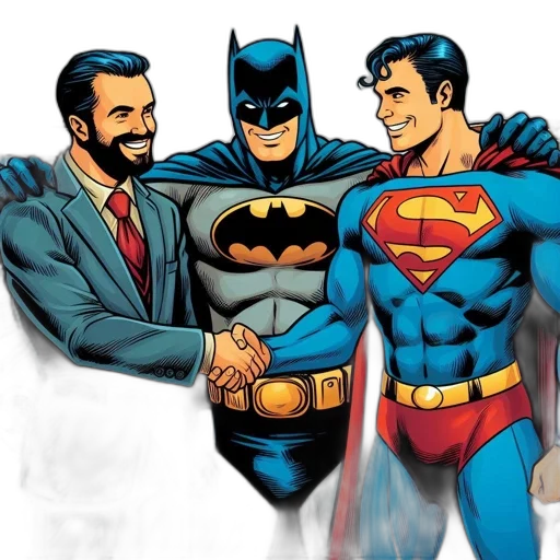 comic book art, concept art, cartoon, three, iconic, superheroes, suited, man transparent PNG cut-out